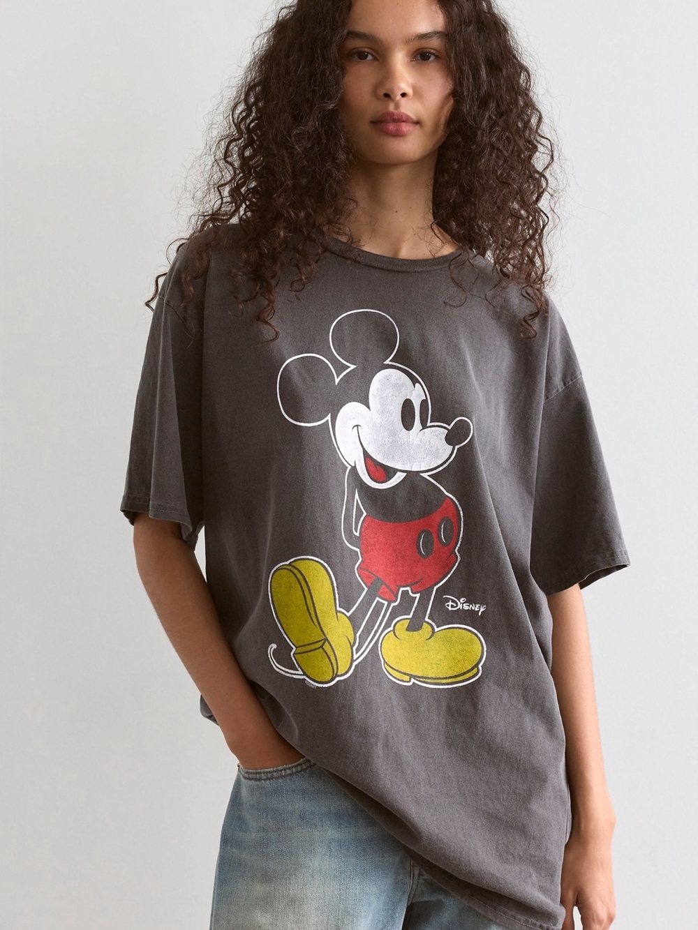 Free People Charcoal Mickey Mouse Graphic Tee with Red & Yellow Print